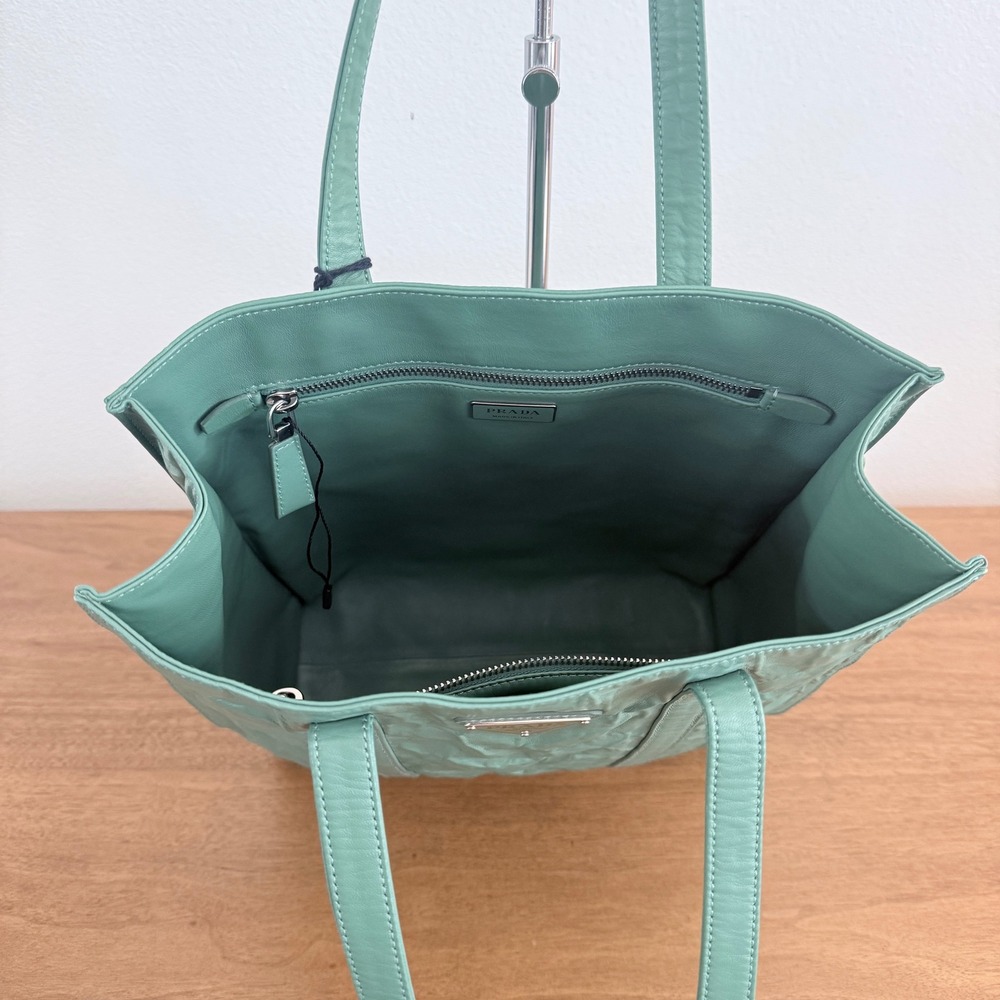 Prada 1BC459 Crinkled Leather Tote Bag Teal Green Shopper Triangle Logo - Picture 7 of 16